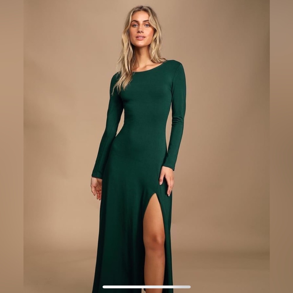 Lulu's Green Long Sleeve Slit Maxi Dress - Picture 3 of 3